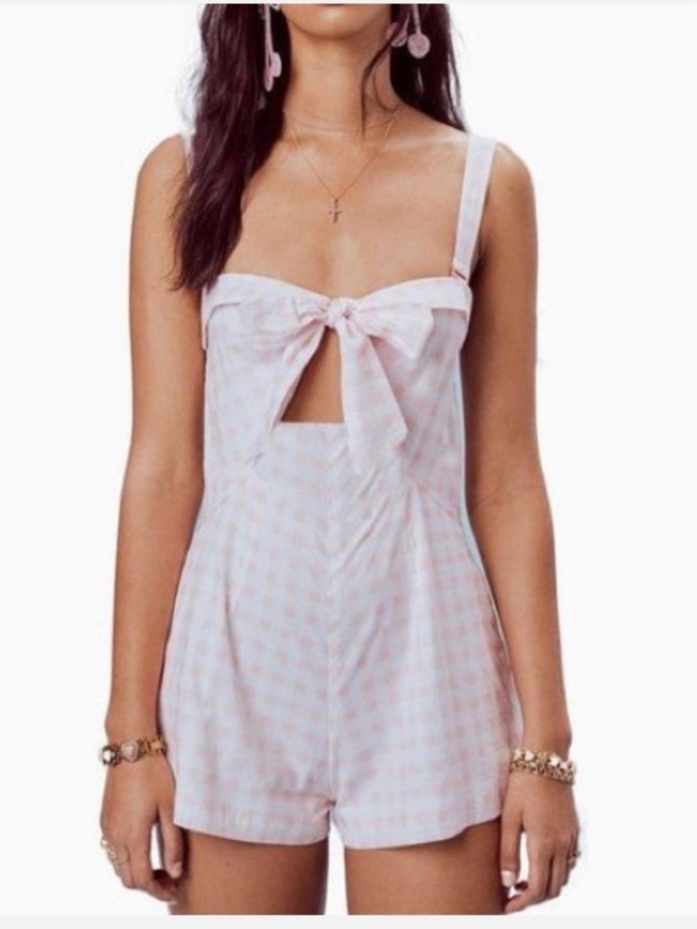 For Love And Lemons Pink Gingham Tie-Front Romper